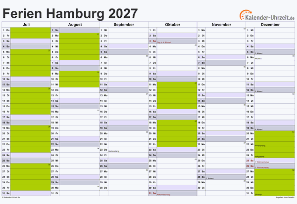 Ferien 2027 Hamburg im Kalender - A4 quer-zweiseitig Ferienkalender 2027 für Hamburg - A4 quer-zweiseitig