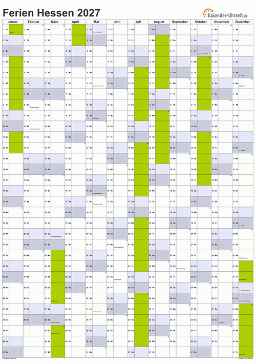 Ferien 2027 Hessen im Kalender - A4 hoch-einseitig Ferienkalender 2027 für Hessen - A4 hoch-einseitig