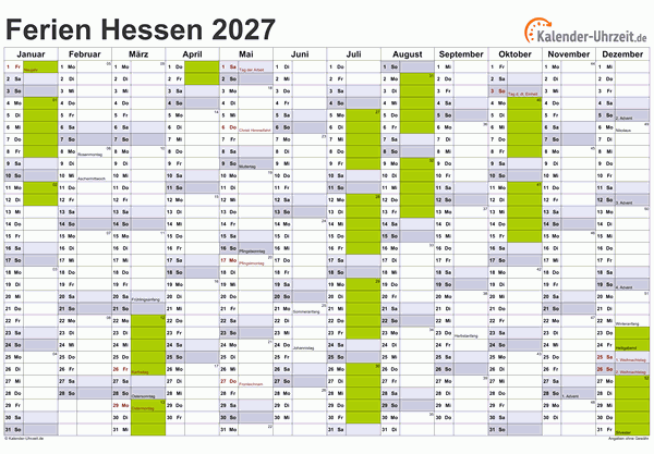 Ferien 2027 Hessen im Kalender - A4 quer-einseitig Ferienkalender 2027 für Hessen - A4 quer-einseitig