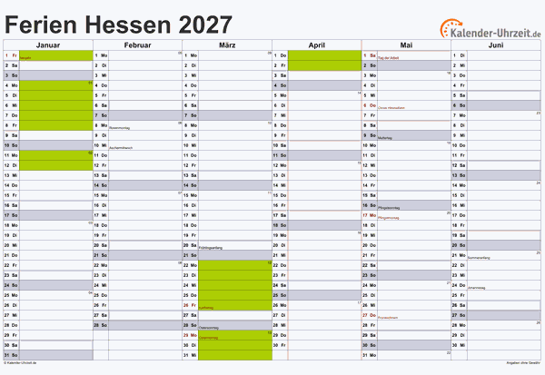Ferien 2027 Hessen im Kalender - A4 quer-zweiseitig Ferienkalender 2027 für Hessen - A4 quer-zweiseitig