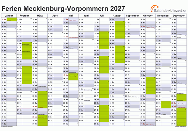 Ferien 2027 Meck.-Pomm. im Kalender - A4 quer-einseitig Ferienkalender 2027 für Meck.-Pomm. - A4 quer-einseitig
