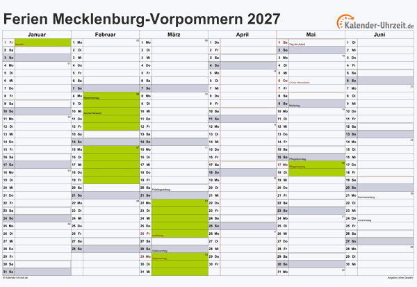 Ferien 2027 Meck.-Pomm. im Kalender - A4 quer-zweiseitig Ferienkalender 2027 für Meck.-Pomm. - A4 quer-zweiseitig