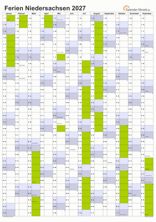 Ferien 2027 Niedersachsen im Kalender - A4 hoch-einseitig Ferienkalender 2027 für Niedersachsen - A4 hoch-einseitig