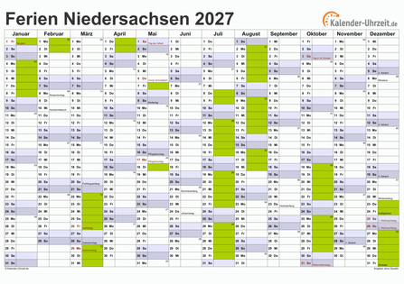 Ferien 2027 Niedersachsen im Kalender - A4 quer-einseitig Ferienkalender 2027 für Niedersachsen - A4 quer-einseitig