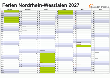 Ferienkalender 2027 für Nordrhein-Westfalen - A4 quer-zweiseitig