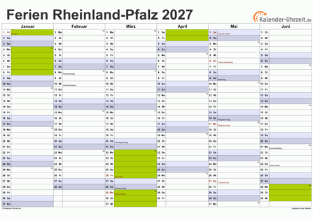 Ferien 2027 Rheinland-Pfalz im Kalender - A4 quer-zweiseitig Ferienkalender 2027 für Rheinland-Pfalz - A4 quer-zweiseitig