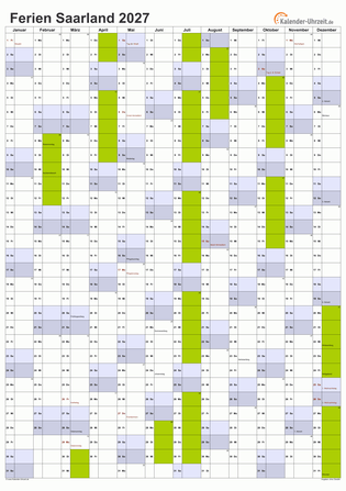 Ferienkalender 2027 für Saarland - A4 hoch-einseitig