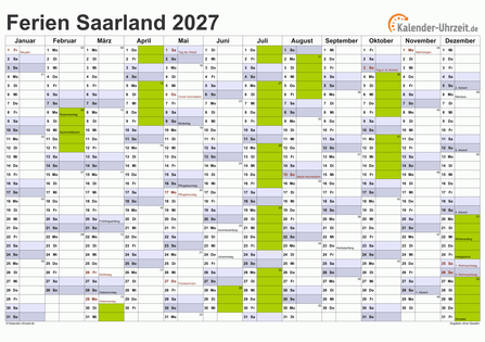 Ferienkalender 2027 für Saarland - A4 quer-einseitig