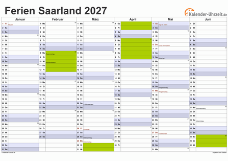 Ferienkalender 2027 für Saarland - A4 quer-zweiseitig