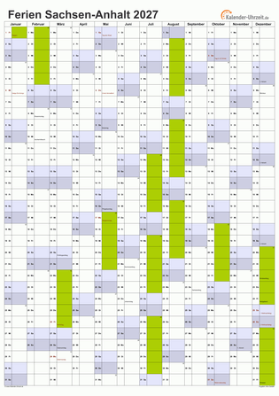 Ferien 2027 Sachsen-Anhalt im Kalender - A4 hoch-einseitig Ferienkalender 2027 für Sachsen-Anhalt - A4 hoch-einseitig