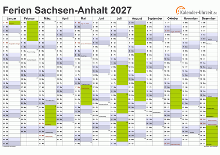 Ferien 2027 Sachsen-Anhalt im Kalender - A4 quer-einseitig Ferienkalender 2027 für Sachsen-Anhalt - A4 quer-einseitig