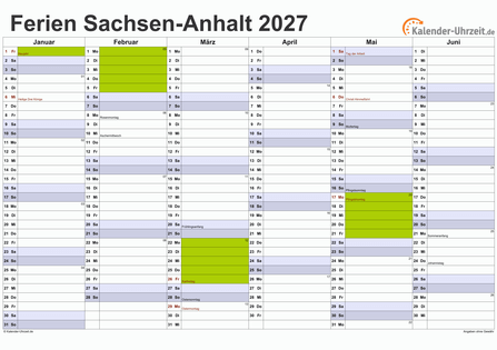 Ferien 2027 Sachsen-Anhalt im Kalender - A4 quer-zweiseitig Ferienkalender 2027 für Sachsen-Anhalt - A4 quer-zweiseitig