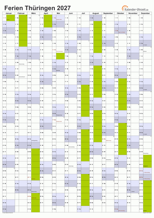 Ferien 2027 Thüringen im Kalender - A4 hoch-einseitig Ferienkalender 2027 für Thüringen - A4 hoch-einseitig