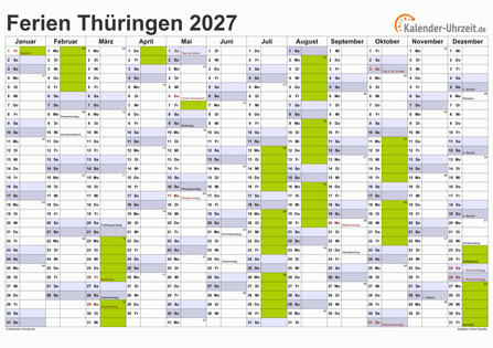 Ferien 2027 Thüringen im Kalender - A4 quer-einseitig Ferienkalender 2027 für Thüringen - A4 quer-einseitig