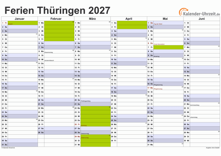 Ferien 2027 Thüringen im Kalender - A4 quer-zweiseitig Ferienkalender 2027 für Thüringen - A4 quer-zweiseitig