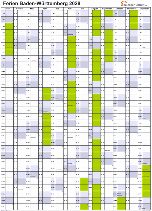 Ferienkalender 2028 für Baden-Württemberg - A4 hoch-einseitig