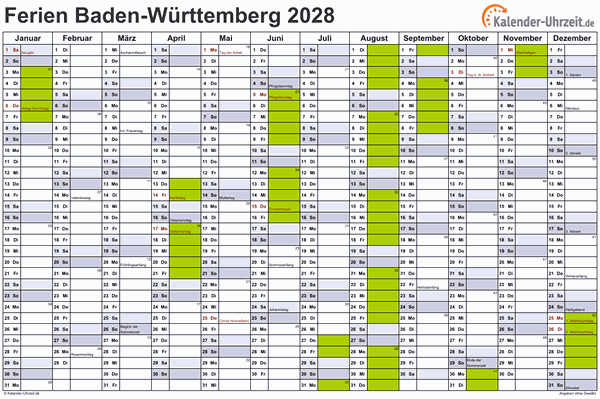 Ferienkalender 2028 für Baden-Württemberg - A4 quer-einseitig