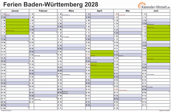 Ferienkalender 2028 für Baden-Württemberg - A4 quer-zweiseitig