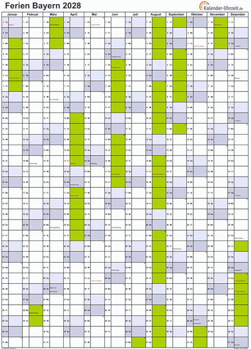 Ferienkalender 2028 für Bayern - A4 hoch-einseitig