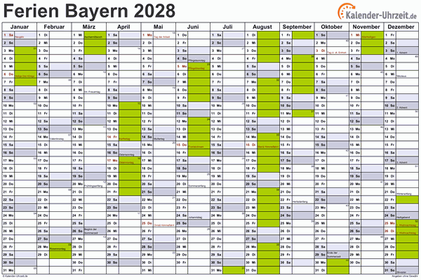 Ferienkalender 2028 für Bayern - A4 quer-einseitig