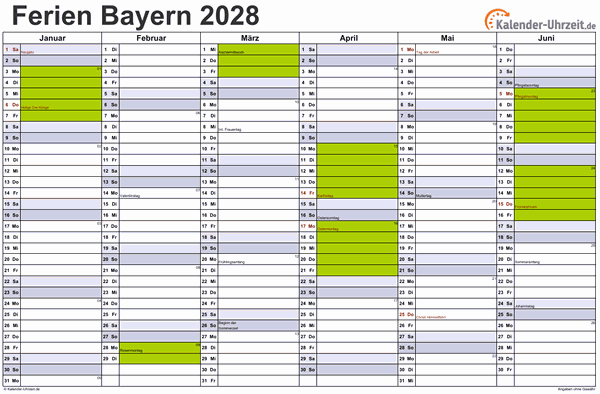 Ferienkalender 2028 für Bayern - A4 quer-zweiseitig