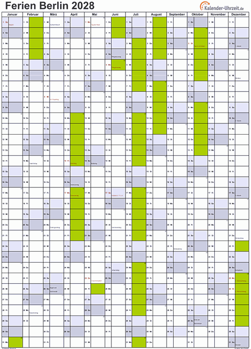Ferienkalender 2028 für Berlin - A4 hoch-einseitig