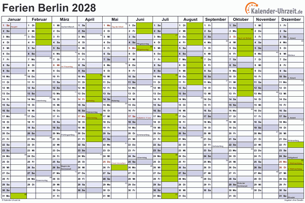 Ferienkalender 2028 für Berlin - A4 quer-einseitig