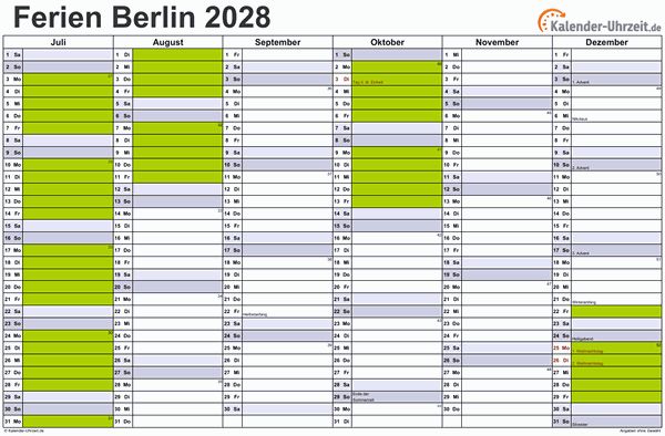 Ferienkalender 2028 für Berlin - A4 quer-zweiseitig