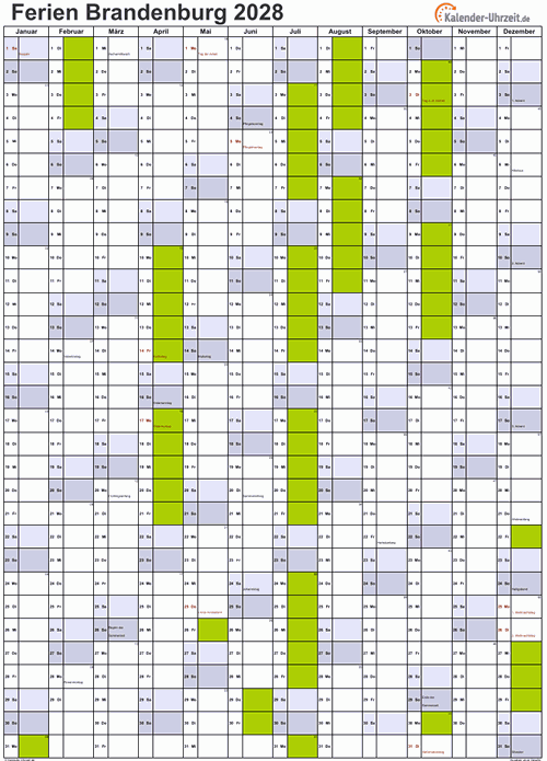 Ferienkalender 2028 für Brandenburg - A4 hoch-einseitig