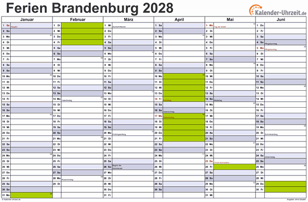 Ferienkalender 2028 für Brandenburg - A4 quer-zweiseitig