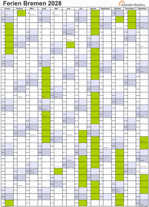 Ferienkalender 2028 für Bremen - A4 hoch-einseitig