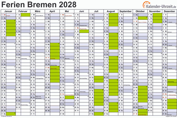 Ferienkalender 2028 für Bremen - A4 quer-einseitig
