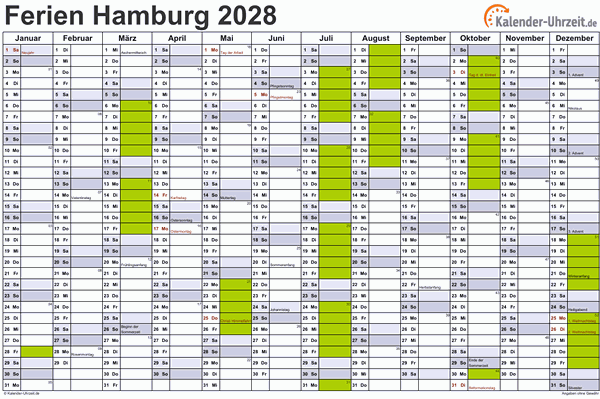 Ferienkalender 2028 für Hamburg - A4 quer-einseitig