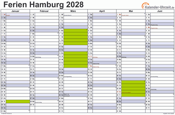 Ferienkalender 2028 für Hamburg - A4 quer-zweiseitig