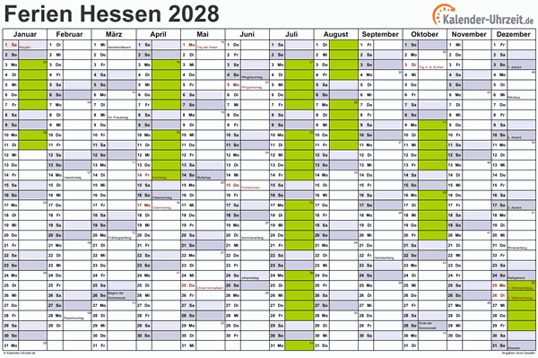 Ferienkalender 2028 für Hessen - A4 quer-einseitig