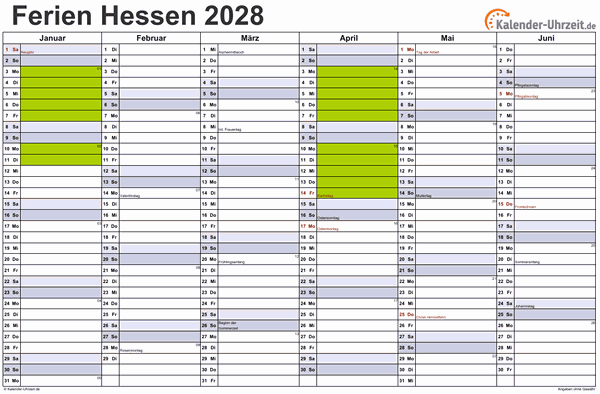 Ferienkalender 2028 für Hessen - A4 quer-zweiseitig
