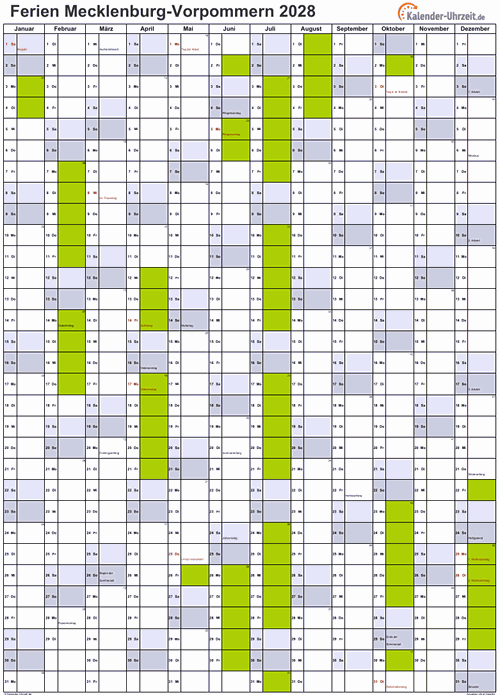 Ferienkalender 2028 für Meck.-Pomm. - A4 hoch-einseitig