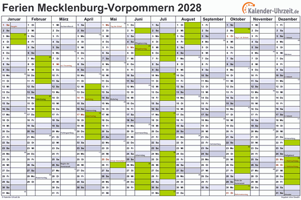 Ferienkalender 2028 für Meck.-Pomm. - A4 quer-einseitig