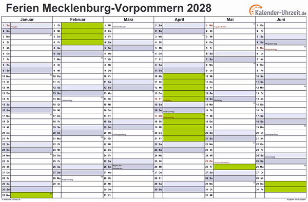 Ferienkalender 2028 für Meck.-Pomm. - A4 quer-zweiseitig