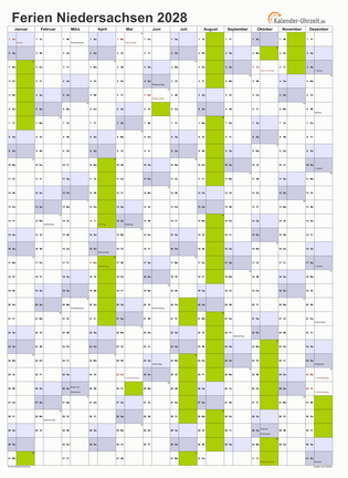 Ferienkalender 2028 für Niedersachsen - A4 hoch-einseitig