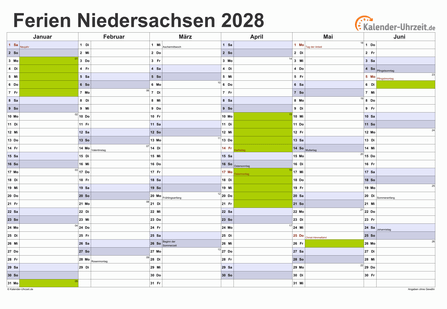 Ferienkalender 2028 für Niedersachsen - A4 quer-zweiseitig