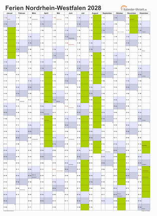 Ferienkalender 2028 für Nordrhein-Westfalen - A4 hoch-einseitig
