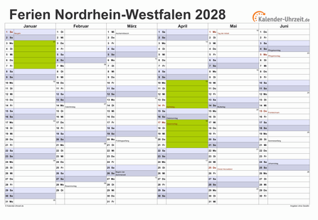 Ferienkalender 2028 für Nordrhein-Westfalen - A4 quer-zweiseitig