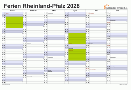 Ferienkalender 2028 für Rheinland-Pfalz - A4 quer-zweiseitig