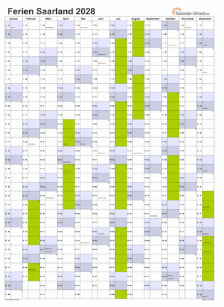 Ferienkalender 2028 für Saarland - A4 hoch-einseitig