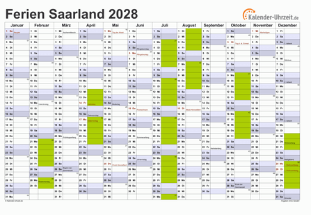 Ferienkalender 2028 für Saarland - A4 quer-einseitig