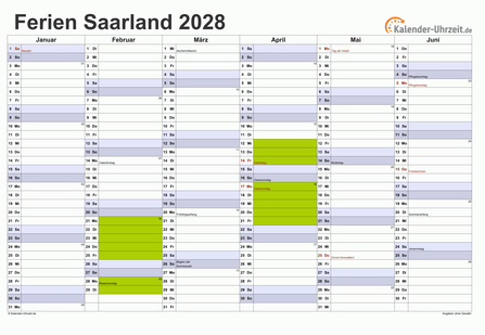 Ferienkalender 2028 für Saarland - A4 quer-zweiseitig