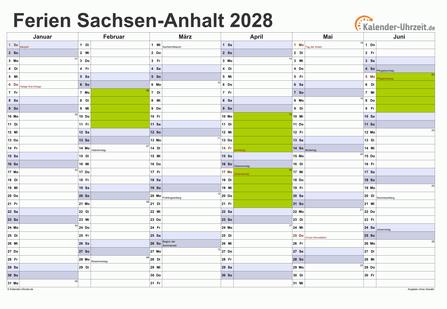 Ferienkalender 2028 für Sachsen-Anhalt - A4 quer-zweiseitig
