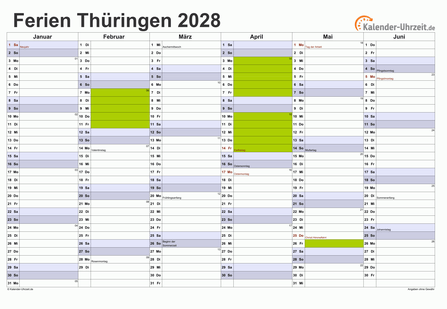 Ferienkalender 2028 für Thüringen - A4 quer-zweiseitig