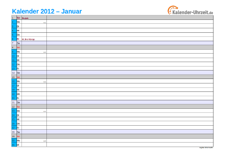 Kalender 2012 mit Feiertagen - 12-seitig